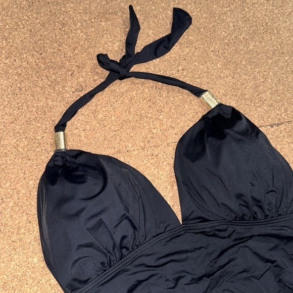 Ruched bathing suit one piece halter gold hardware large NEW no tags stretch - Picture 2 of 3